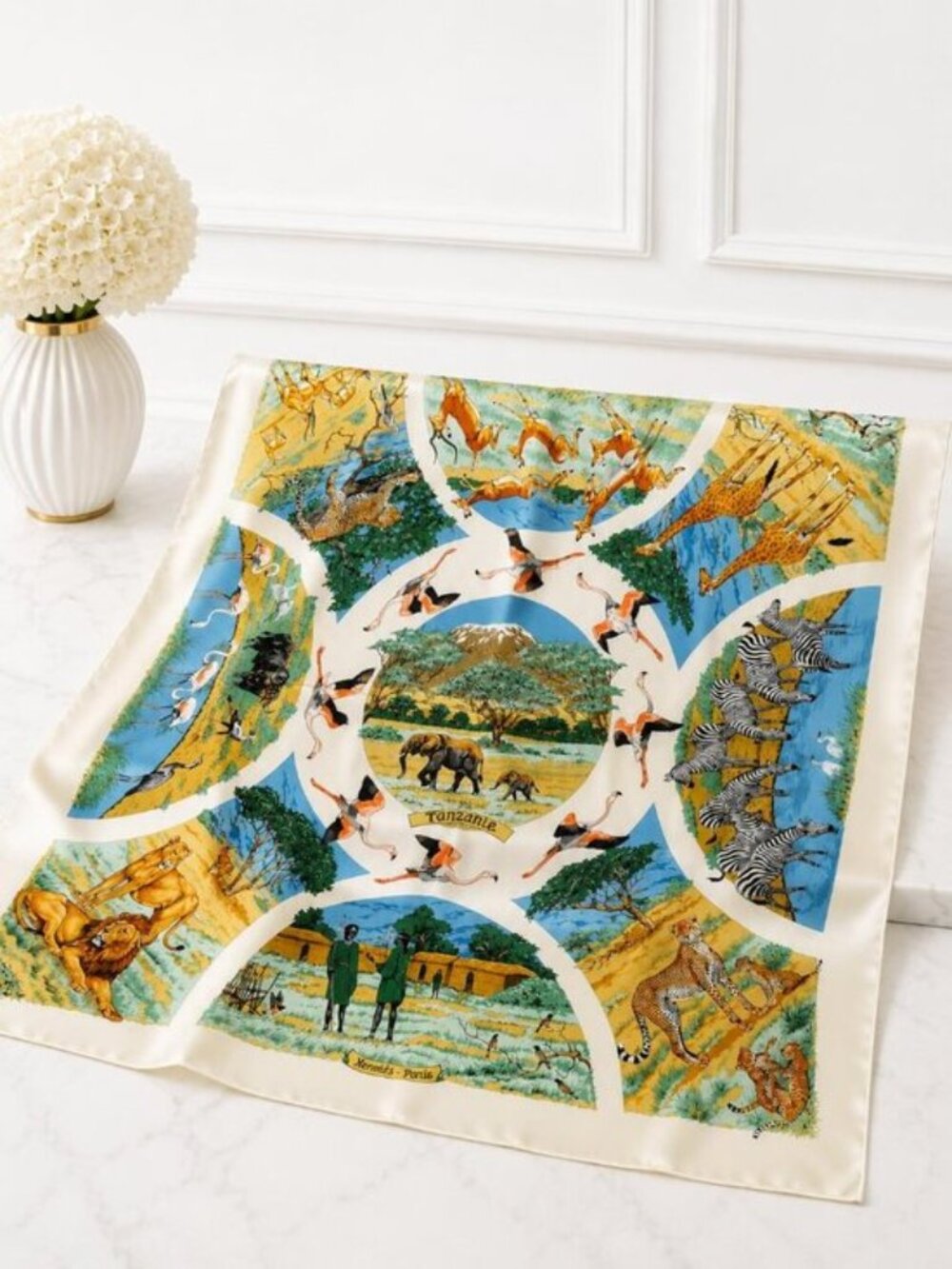 Authentic Hermès Tanzanie Silk Carré 90 Scarf Safari Animal Print